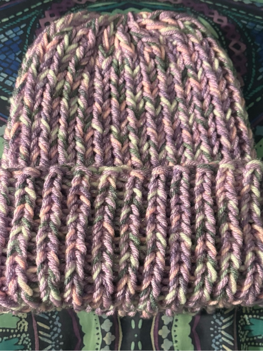 Handmade Chunky Knit Beanie in Lavender & Pastel Mix